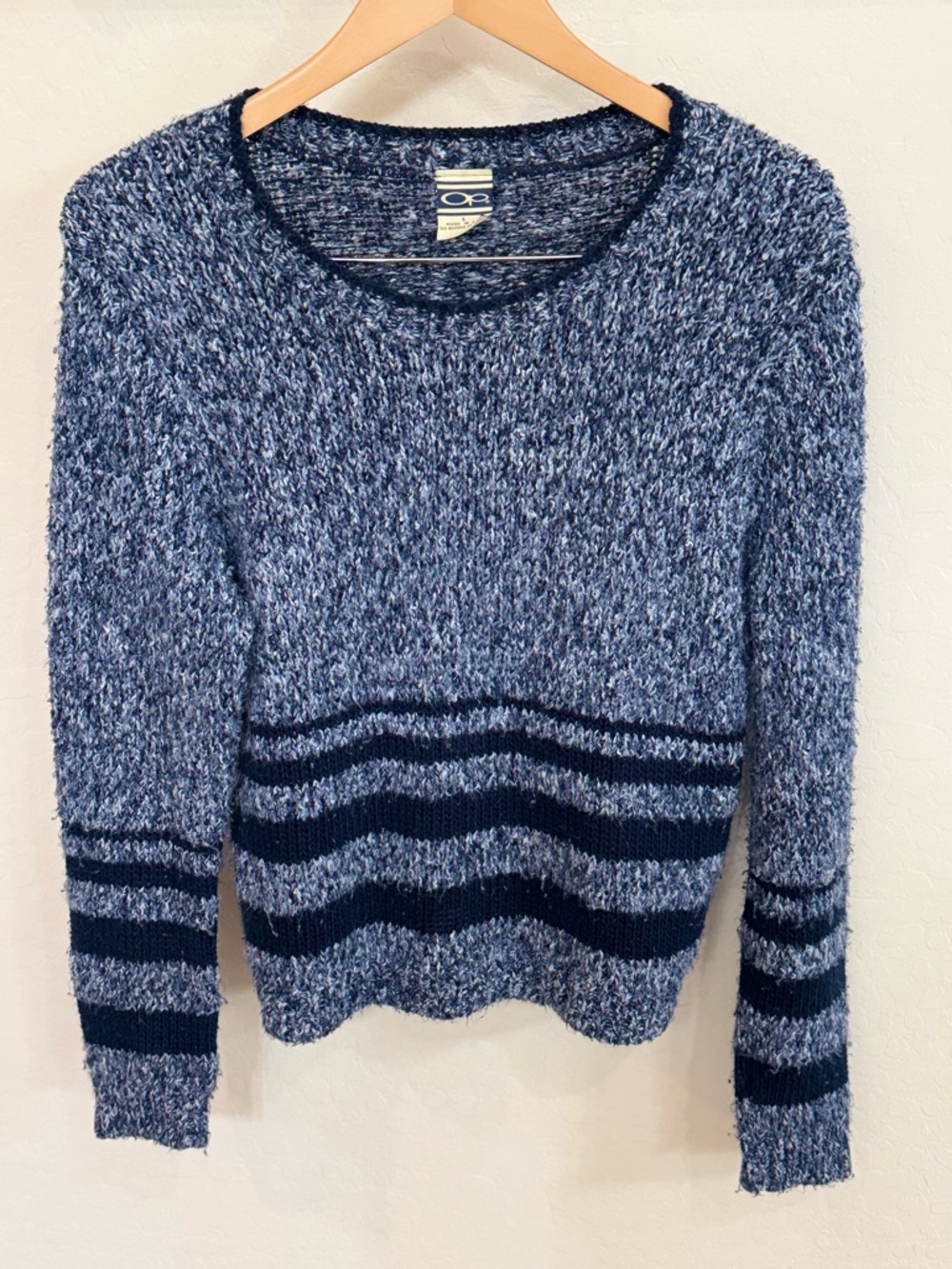 Vintage 90s OP Ocean Pacific Blue Marled Striped Knit Crewneck Sweater Large
